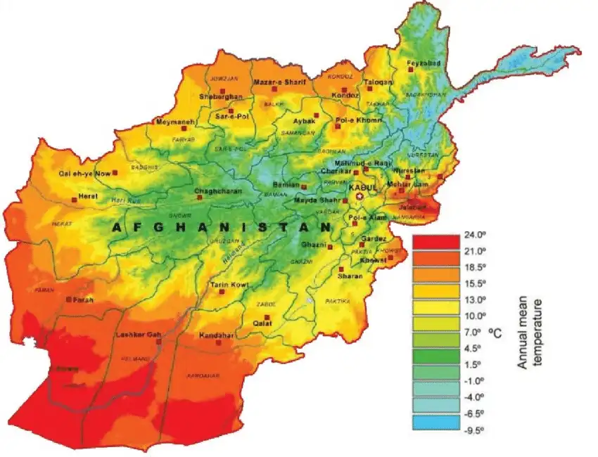 Mean annual temperature map of Afghanistan World Trade Press 2007